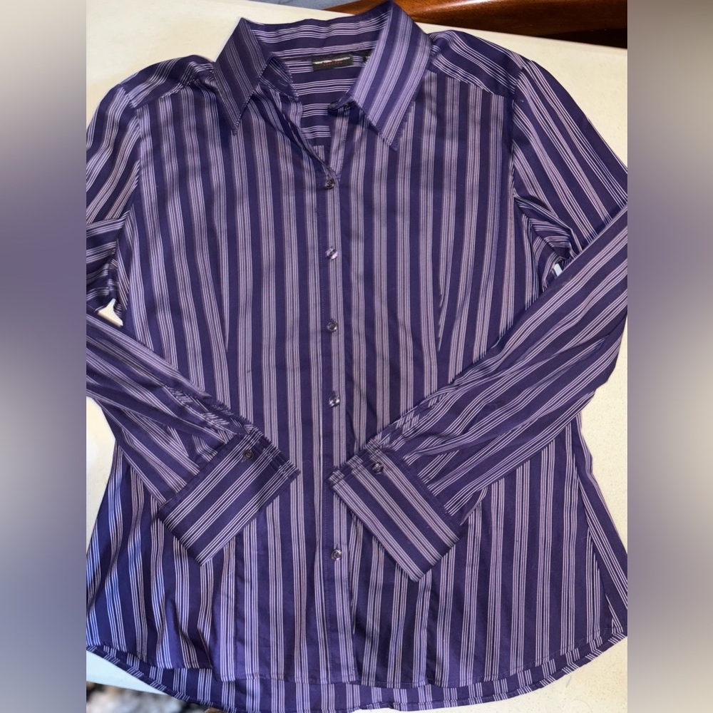 New York & Company Stretch Button Down Purple Striped Office Core Shirt XL